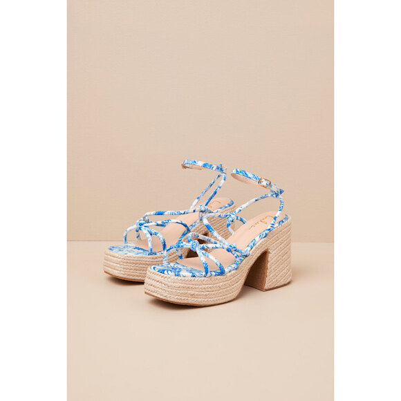 Lulus Thomasin Blue Tropical Print Platform High Heel Sandals - Size 6.5 - Picture 1 of 1